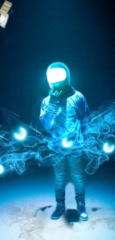 Futuristic blue astronaut glowing in space.