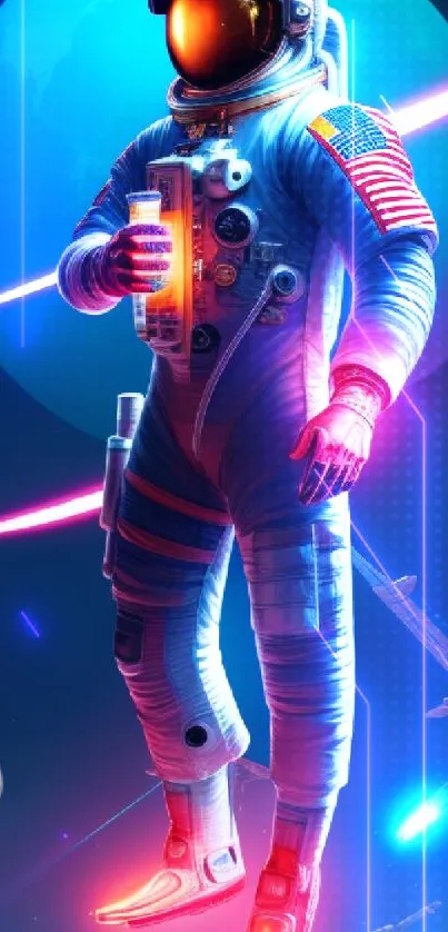 Futuristic astronaut floating in space with neon effects.