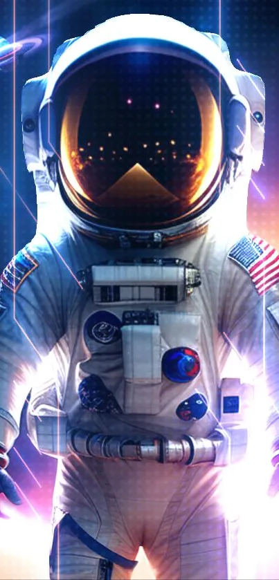 Futuristic astronaut in vibrant space suit with cosmic background.