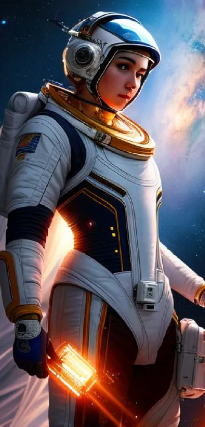 Futuristic astronaut in space with galaxy background on mobile wallpaper.