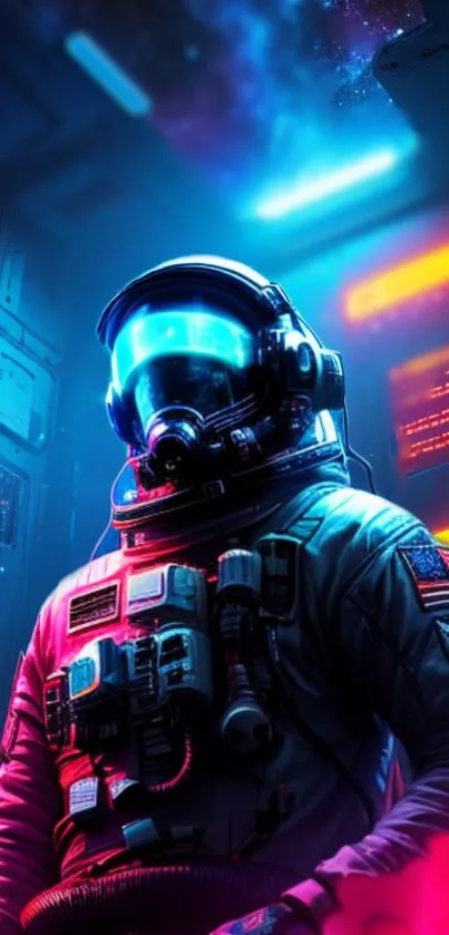 Futuristic astronaut in neon-lit sci-fi scene with glowing helmet.