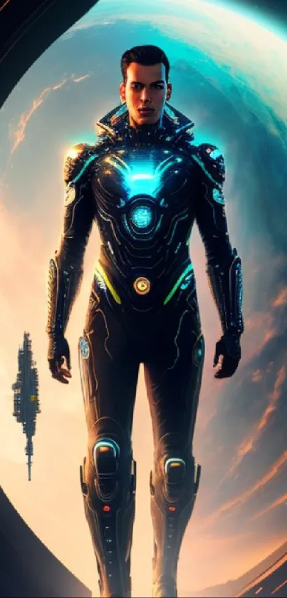 Futuristic astronaut in high-tech suit with cosmic backdrop.