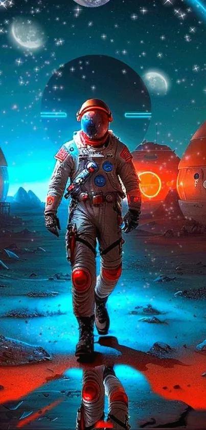 Futuristic astronaut walking on an alien planet with stars and domes.