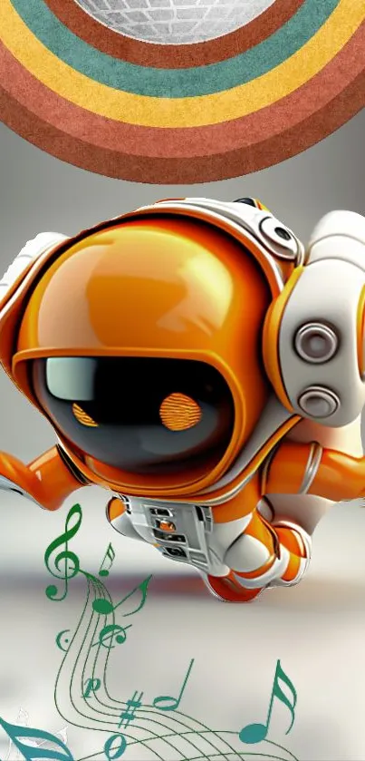 Orange astronaut with music notes on vibrant background.
