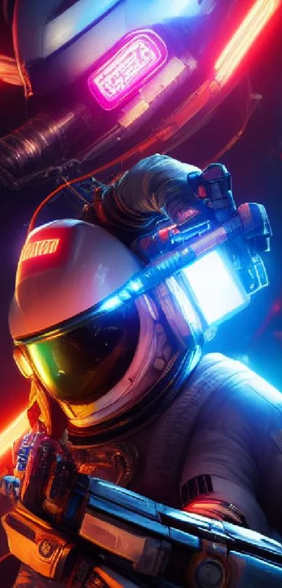 Futuristic astronaut in neon colors with a cosmic background on mobile wallpaper.