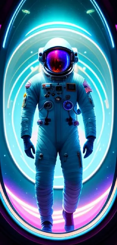 Astronaut in neon-lit futuristic tunnel wallpaper.