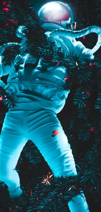 Astronaut in glowing suit amidst cosmic foliage.