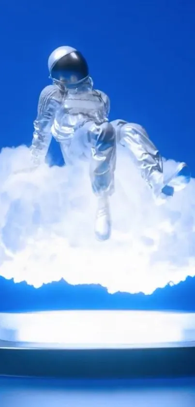 Futuristic astronaut sits on glowing cloud with vivid blue background.