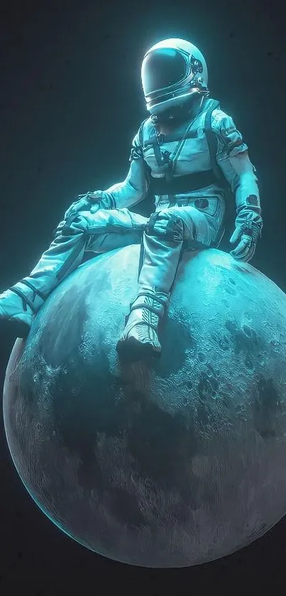 Astronaut sitting on glowing moon in space art.