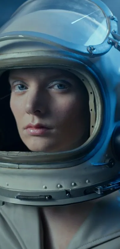 Astronaut in a helmet, blue-gray tones.