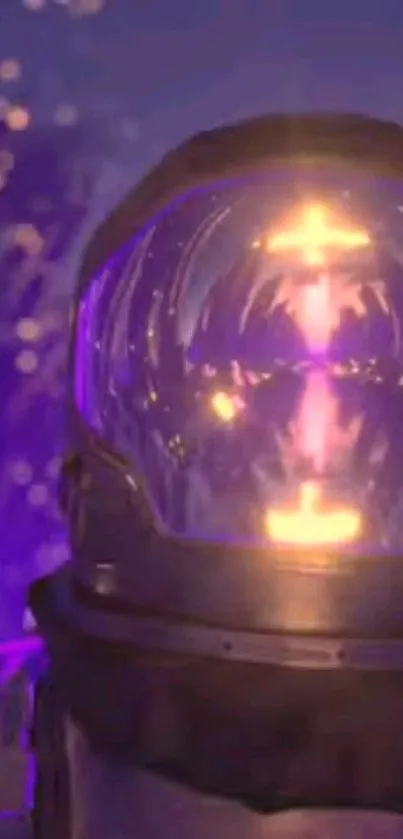 Futuristic astronaut helmet with vibrant reflection and purple hues.