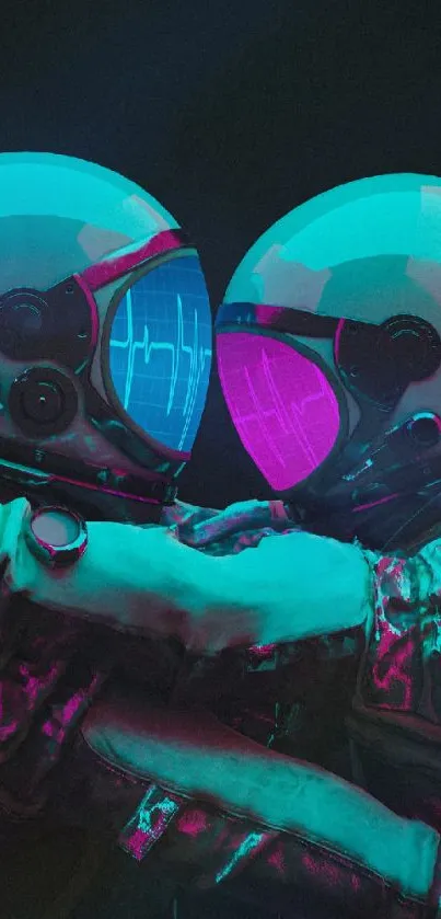 Futuristic astronaut couple embrace with glowing helmets in blue and pink hues.