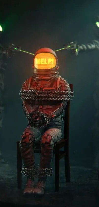 Chained astronaut with glowing helmet in sci-fi scene.