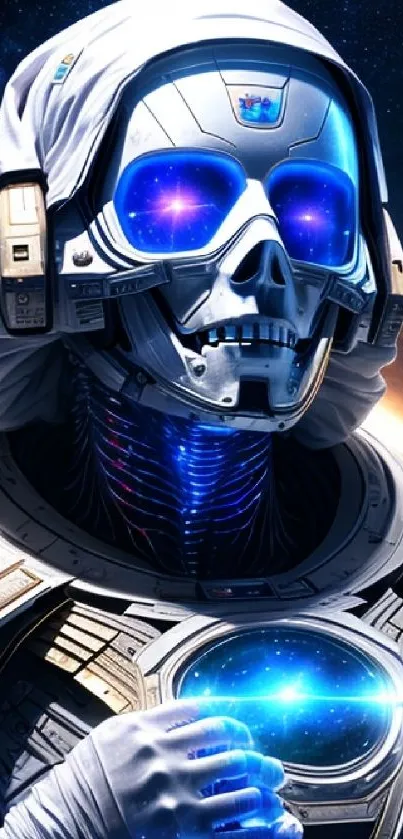 Futuristic skull astronaut in vibrant space scene.