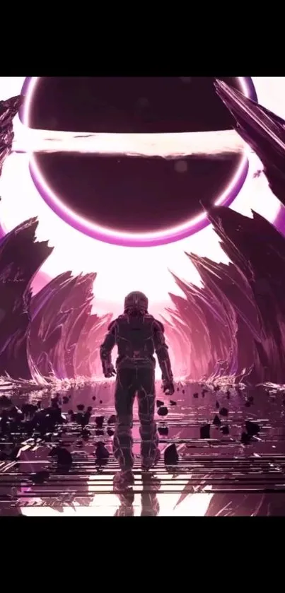 Astronaut under a giant planet in cosmic landscape.