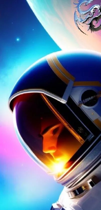 Futuristic astronaut with helmet facing a colorful cosmic scene featuring a planet.