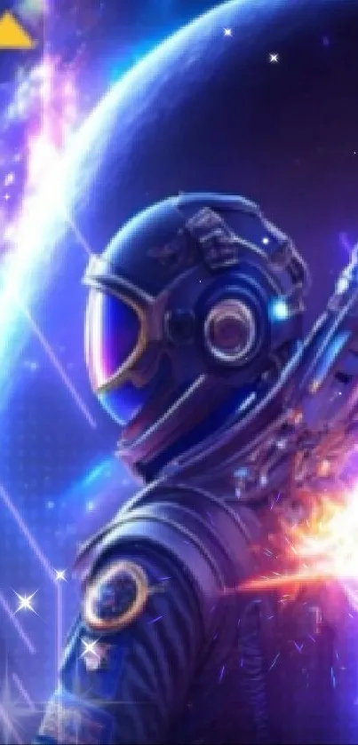 Futuristic astronaut in space with blue and purple cosmic background.