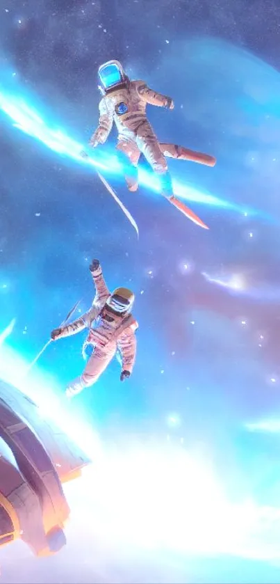 Astronauts floating in vibrant space landscape with blue cosmic background.