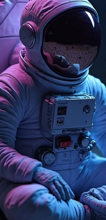 Astronaut sitting in a purple lit space suit, creating a cosmic vibe.