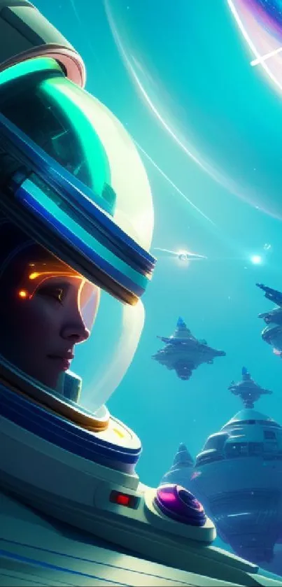 Futuristic astronaut views spaceships in a vibrant galaxy setting.