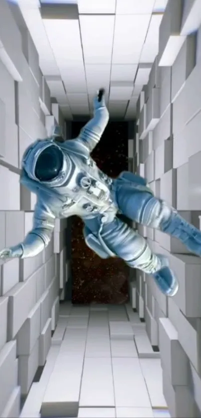 Astronaut floating in a futuristic corridor with space backdrop.