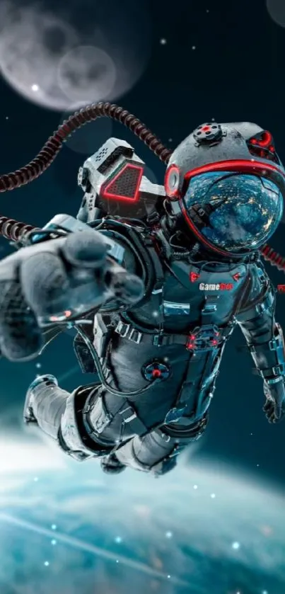 Futuristic astronaut floating in space with Earth and moon in the background.