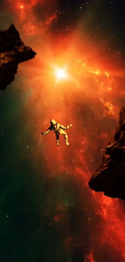 Astronaut floating in vivid red-orange nebula with asteroids.