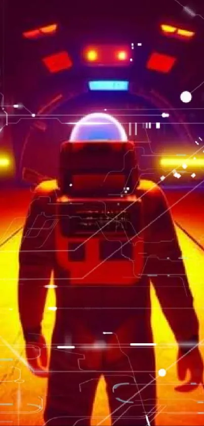 Silhouetted astronaut in vibrant neon tunnel.