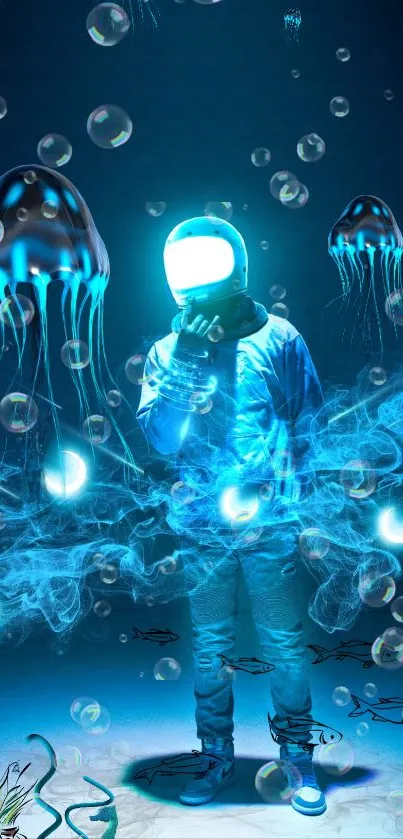 Futuristic astronaut and glowing jellyfish underwater scene.