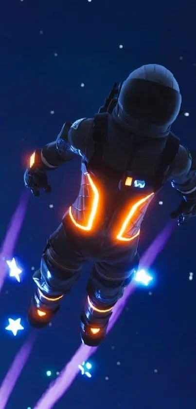 Futuristic astronaut flies through neon-lit space, surrounded by stars.