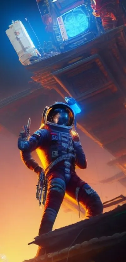 Astronaut stands in front of a glowing futuristic structure.