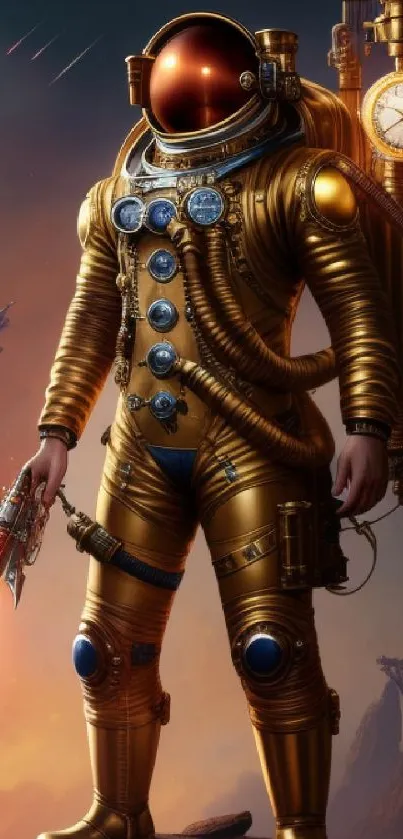 Futuristic astronaut in gold suit with celestial background.