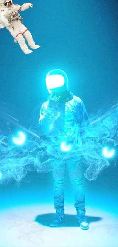 Futuristic astronaut glowing in a blue, cosmic-themed wallpaper.