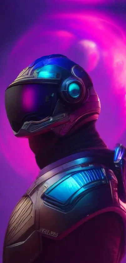 Futuristic astronaut against a vibrant purple galaxy backdrop.