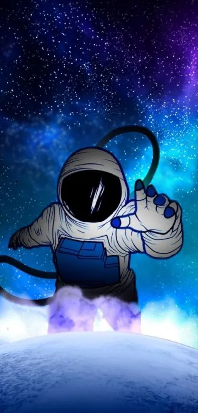 Astronaut reaching out in a galaxy-themed space background.