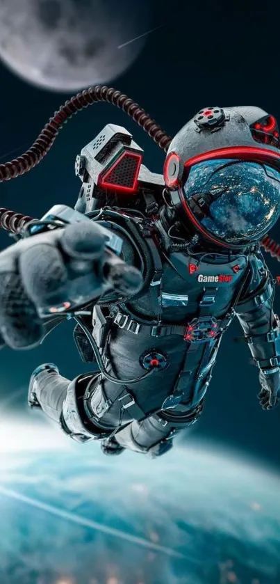Futuristic astronaut in space with Earth view mobile wallpaper.