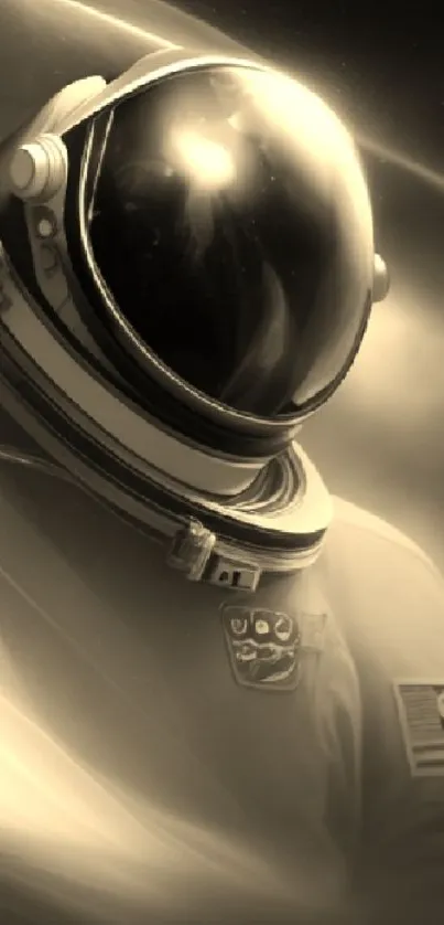 Astronaut with reflective helmet in sepia-toned space scene.