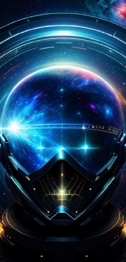 Futuristic astronaut helmet with galaxy background.