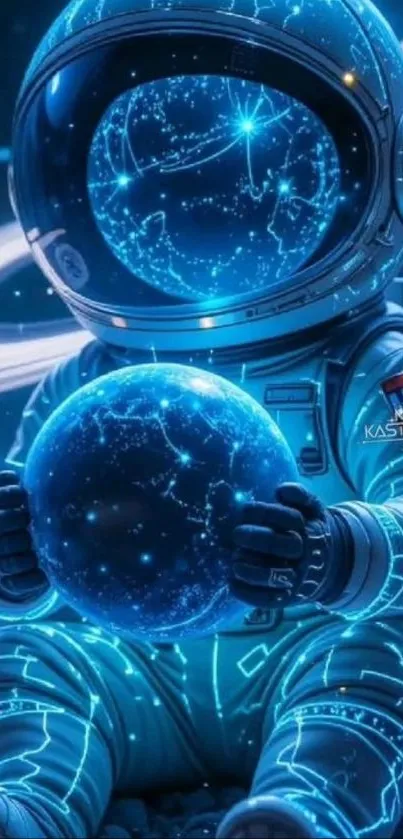 Futuristic astronaut with glowing orb in space.