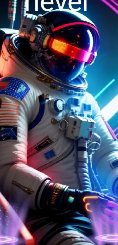 Futuristic astronaut with neon lights in space.