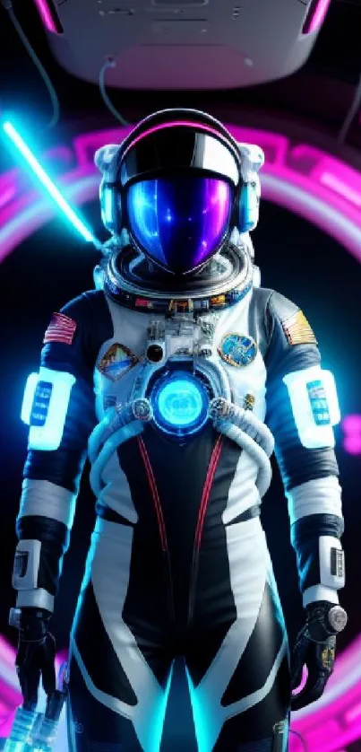 Futuristic astronaut in neon-lit space suit.