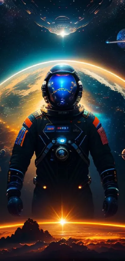 Futuristic astronaut in cosmic scenery with vibrant space background.