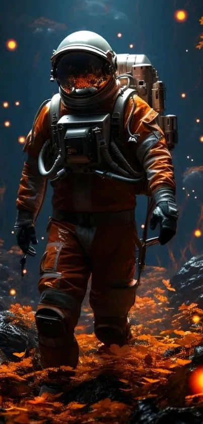 Futuristic astronaut in vibrant orange suit exploring space with glowing elements.