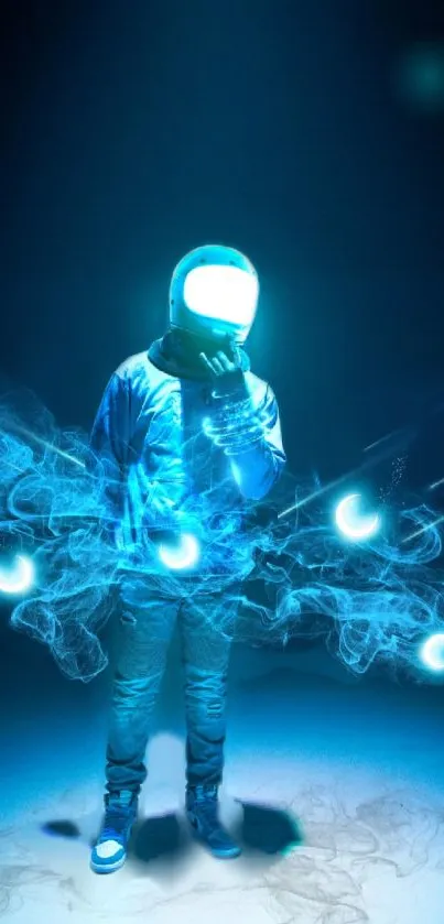 Futuristic astronaut with glowing blue energy on a mobile wallpaper.