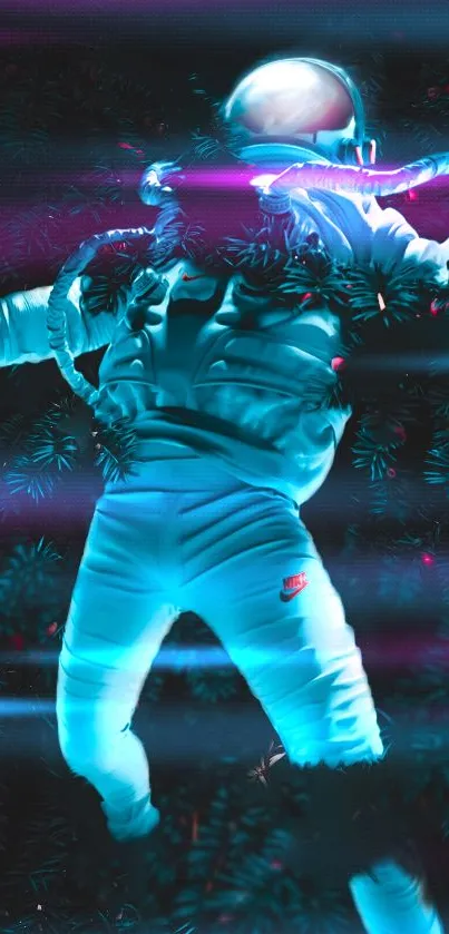 Futuristic astronaut floating in neon-lit space scene.