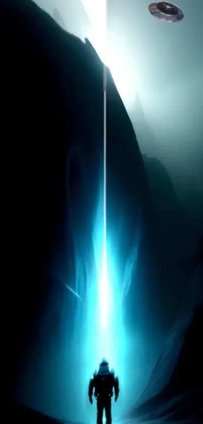 Astronaut silhouette illuminated by blue light in a dark canyon setting.