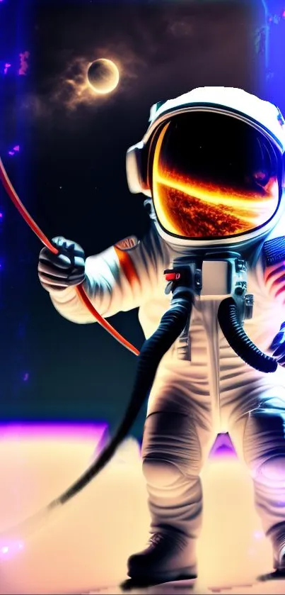 Futuristic astronaut with cosmic background in vibrant colors.