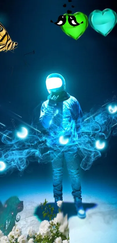 Futuristic astronaut with glowing blue elements in a surreal design.