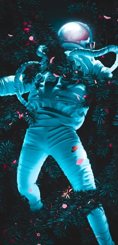 Astronaut amidst greenery in teal hues.