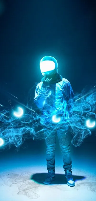 Futuristic astronaut surrounded by glowing orbs and a blue aura.